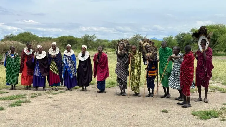 African Maasai Tribe welcoming ceremony during African Luxury Safari game drive